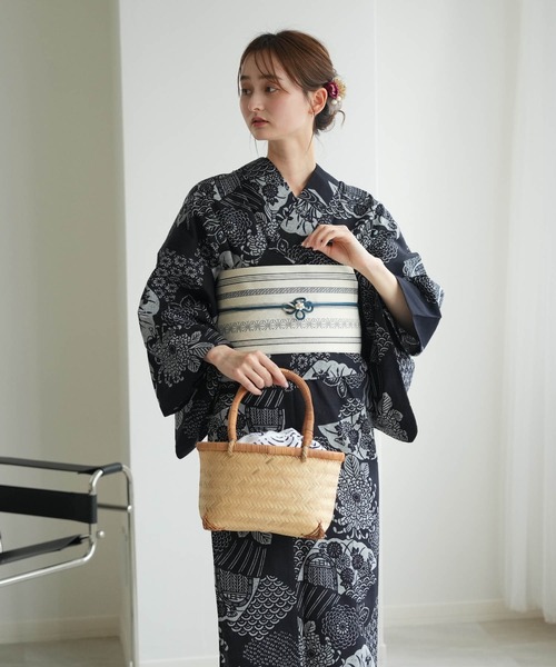 手染め注染浴衣3点セット utatane×注染工房 赤坂紬 ブラック 夢幻の