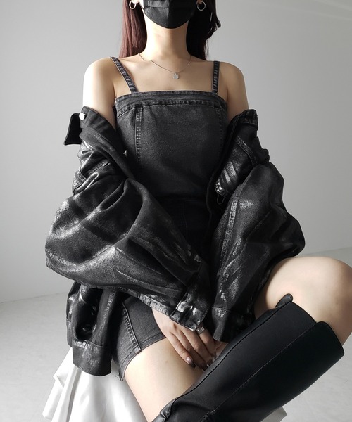 me+em select（ミームセレクト）の「【 ２color 】ウォッシュデニムハイウエストミニキャミワンピース ／ wash denim high waist mini cami onepiece（ワンピース・レディース・ブルー/ブラック・MEDIUM/SMALL）」の6枚目の写真