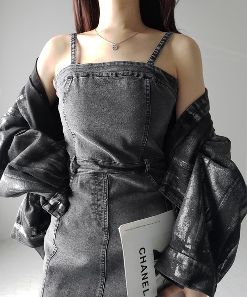me+em select（ミームセレクト）の「【 ２color 】ウォッシュデニムハイウエストミニキャミワンピース ／ wash denim high waist mini cami onepiece（ワンピース・レディース・ブルー/ブラック・MEDIUM/SMALL）」の8枚目の写真