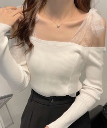 チュール肩ひもオフショルニット