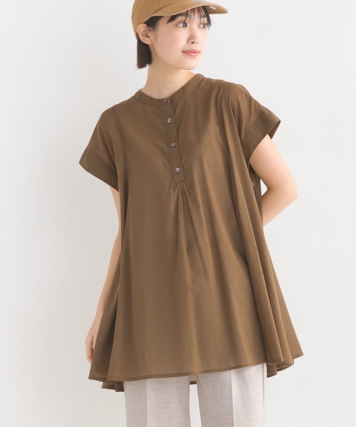 オータムCフレンチスリーブシャツ BROWN /コットンボイルギャザーB BLK 新色追加】コットンボイル総柄フレンチスリーブギャザーシャツ