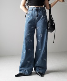 ※※【 2color 】リボンプリントハイウエストストレートデニム / ribbon print high waist straight denim