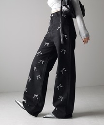 ※※【 2color 】リボンプリントハイウエストストレートデニム / ribbon print high waist straight denim
