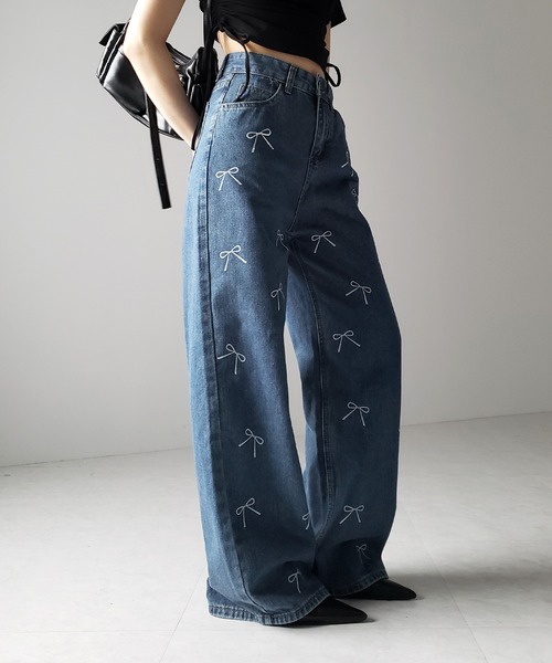 me+em select(ミームセレクト)の「※※【 2color 】リボンプリントハイウエストストレートデニム / ribbon print high waist straight denim(デニムパンツ・レディース・ブラック/ブルー・SMALL/MEDIUM/LARGE)」の6枚目の写真