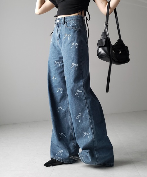 me+em select(ミームセレクト)の「※※【 2color 】リボンプリントハイウエストストレートデニム / ribbon print high waist straight denim(デニムパンツ・レディース・ブラック/ブルー・SMALL/MEDIUM/LARGE)」の8枚目の写真