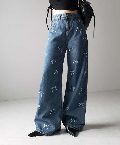 me+em select(ミームセレクト)の「※※【 2color 】リボンプリントハイウエストストレートデニム / ribbon print high waist straight denim(デニムパンツ・レディース・ブラック/ブルー・SMALL/MEDIUM/LARGE)」の9枚目の写真