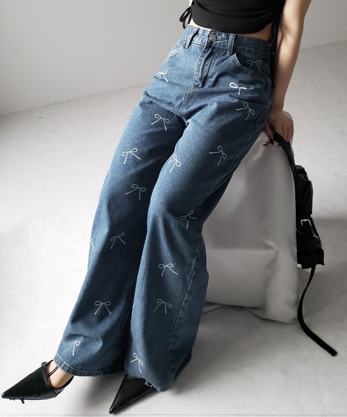me+em select(ミームセレクト)の「※※【 2color 】リボンプリントハイウエストストレートデニム / ribbon print high waist straight denim(デニムパンツ・レディース・ブラック/ブルー・SMALL/MEDIUM/LARGE)」の10枚目の写真