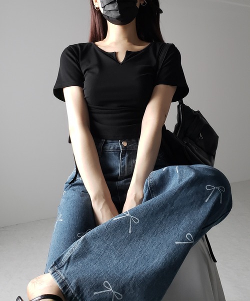 me+em select(ミームセレクト)の「※※【 2color 】リボンプリントハイウエストストレートデニム / ribbon print high waist straight denim(デニムパンツ・レディース・ブラック/ブルー・SMALL/MEDIUM/LARGE)」の12枚目の写真