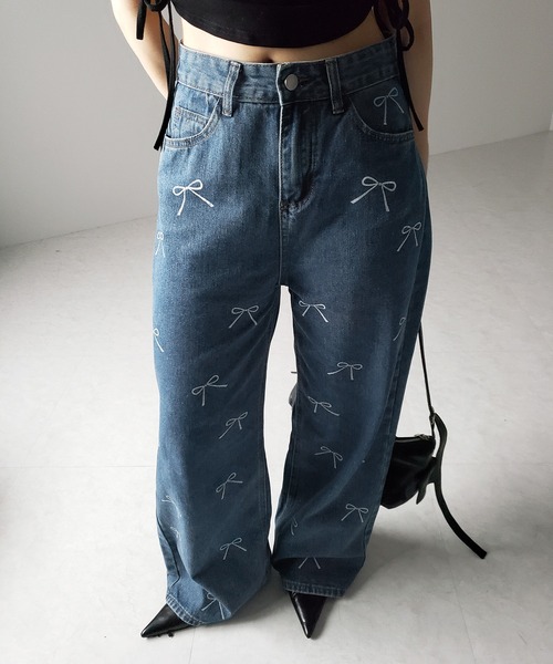 me+em select(ミームセレクト)の「※※【 2color 】リボンプリントハイウエストストレートデニム / ribbon print high waist straight denim(デニムパンツ・レディース・ブラック/ブルー・SMALL/MEDIUM/LARGE)」の14枚目の写真