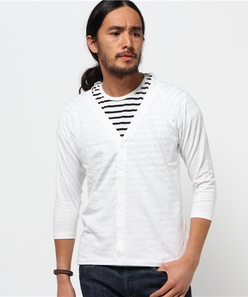 SEVENDAYS=SUNDAY(セブンデイズサンデイ)の「スラブ天竺 7分袖カーディガン(カーディガン/ボレロ・メンズ・オフホワイト/チャコールグレー/カーキ/ネイビー・SMALL/MEDIUM/LARGE)」の1枚目の写真