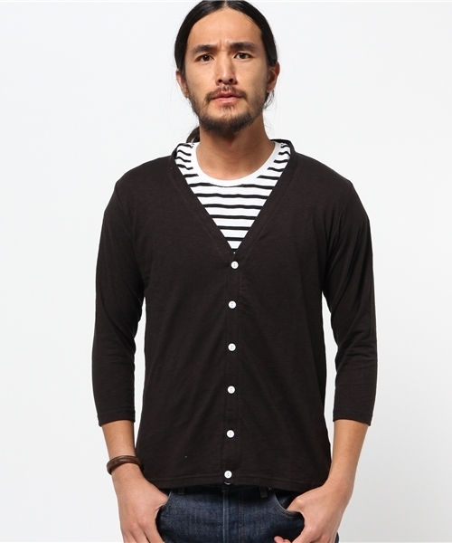 SEVENDAYS=SUNDAY(セブンデイズサンデイ)の「スラブ天竺 7分袖カーディガン(カーディガン/ボレロ・メンズ・オフホワイト/チャコールグレー/カーキ/ネイビー・SMALL/MEDIUM/LARGE)」の2枚目の写真