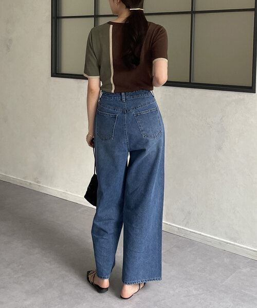 Thevon（ゼボン）の「【2サイズ展開／身長別サイズ比較動画あり】ハイウエストワイドデニム（デニムパンツ・レディース・ブラック/ブルー/サックスブルー・S/M）」の10枚目の写真