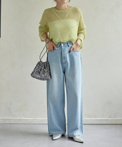 Thevon（ゼボン）の「【2サイズ展開／身長別サイズ比較動画あり】ハイウエストワイドデニム（デニムパンツ・レディース・ブラック/ブルー/サックスブルー・S/M）」の16枚目の写真