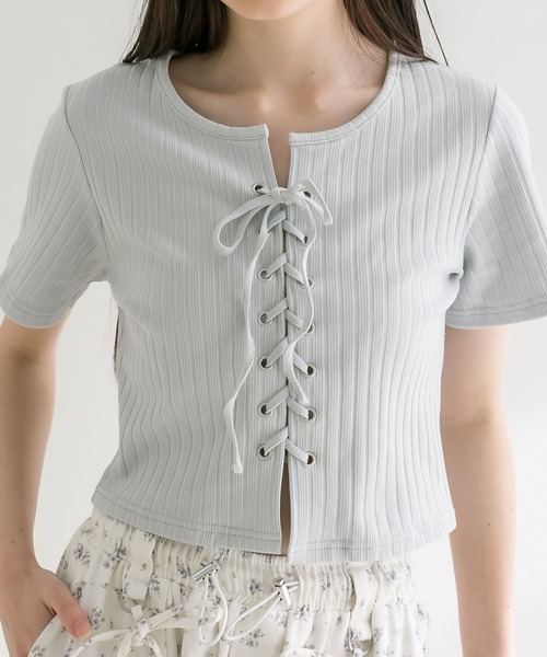 OLIVE des OLIVE（オリーブデオリーブ）の「【WEB限定】レースアップテレコトップス　1041060790（Tシャツ/カットソー・レディース・ブラック/サックスブルー/チャコールグレー/オフホワイト・FREE）」の2枚目の写真