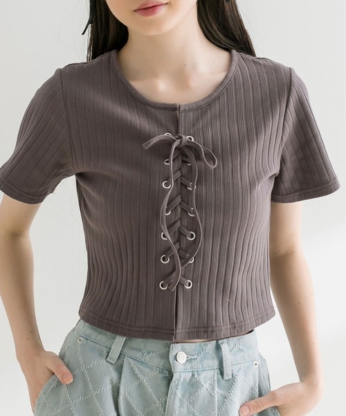 OLIVE des OLIVE（オリーブデオリーブ）の「【WEB限定】レースアップテレコトップス　1041060790（Tシャツ/カットソー・レディース・ブラック/サックスブルー/チャコールグレー/オフホワイト・FREE）」の4枚目の写真