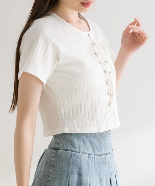 OLIVE des OLIVE（オリーブデオリーブ）の「【WEB限定】レースアップテレコトップス　1041060790（Tシャツ/カットソー・レディース・ブラック/サックスブルー/チャコールグレー/オフホワイト・FREE）」の18枚目の写真