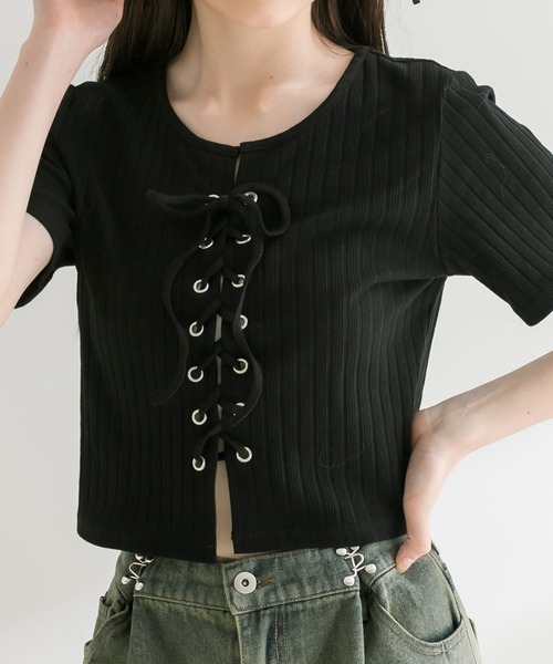 OLIVE des OLIVE（オリーブデオリーブ）の「【WEB限定】レースアップテレコトップス　1041060790（Tシャツ/カットソー・レディース・ブラック/サックスブルー/チャコールグレー/オフホワイト・FREE）」の12枚目の写真