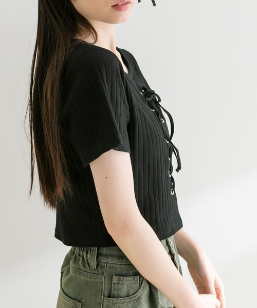 OLIVE des OLIVE（オリーブデオリーブ）の「【WEB限定】レースアップテレコトップス　1041060790（Tシャツ/カットソー・レディース・ブラック/サックスブルー/チャコールグレー/オフホワイト・FREE）」の13枚目の写真
