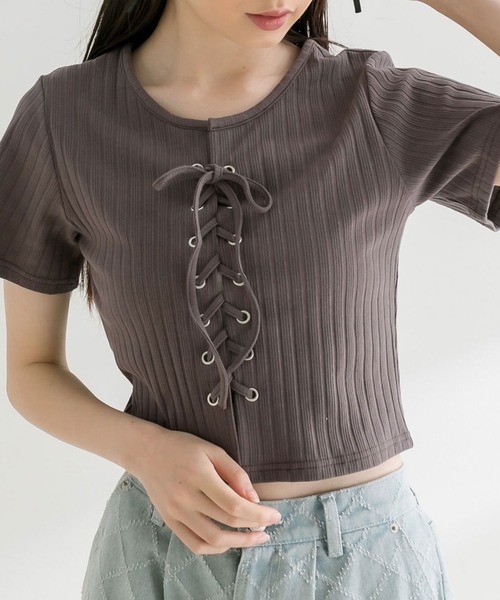 OLIVE des OLIVE（オリーブデオリーブ）の「【WEB限定】レースアップテレコトップス　1041060790（Tシャツ/カットソー・レディース・ブラック/サックスブルー/チャコールグレー/オフホワイト・FREE）」の7枚目の写真