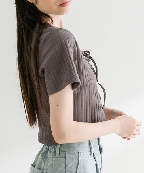 OLIVE des OLIVE（オリーブデオリーブ）の「【WEB限定】レースアップテレコトップス　1041060790（Tシャツ/カットソー・レディース・ブラック/サックスブルー/チャコールグレー/オフホワイト・FREE）」の8枚目の写真