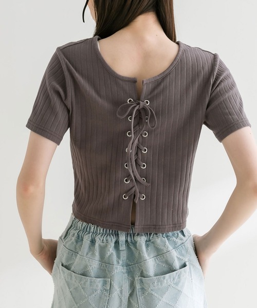 OLIVE des OLIVE（オリーブデオリーブ）の「【WEB限定】レースアップテレコトップス　1041060790（Tシャツ/カットソー・レディース・ブラック/サックスブルー/チャコールグレー/オフホワイト・FREE）」の11枚目の写真