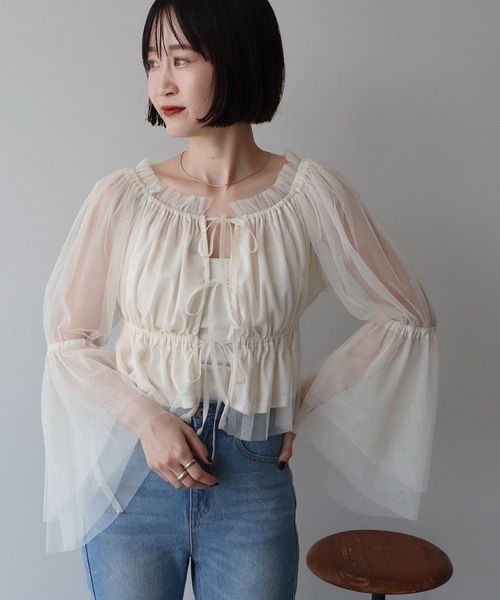 earth music&ecology（アースミュージックアンドエコロジー）の「チュールブラウス（シャツ/ブラウス・レディース・ピンク/グレイッシュベージュ/アイボリー・FREE）」の4枚目の写真