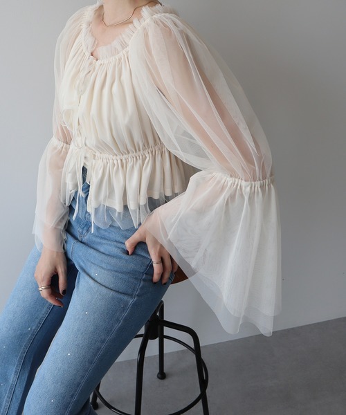earth music&ecology（アースミュージックアンドエコロジー）の「チュールブラウス（シャツ/ブラウス・レディース・ピンク/グレイッシュベージュ/アイボリー・FREE）」の9枚目の写真