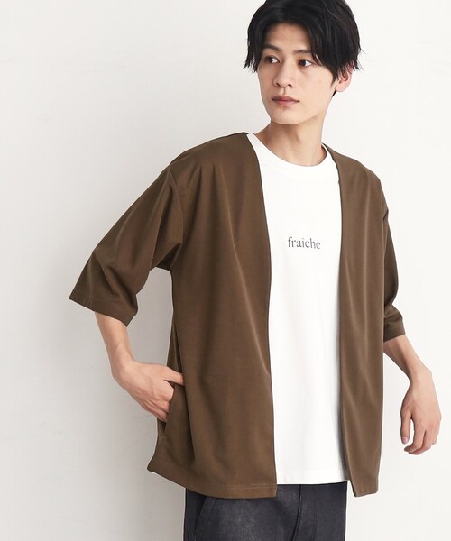 THE SHOP TK (ザ ショップ ティーケー )の「◆【インナー×五分袖カーデ セットアイテム】梨地ハーフスリーブカーディガン×ライトパーフェクティー(カーディガン/ボレロ・メンズ・ダークブラウン/ボルドー/ブラック/ブルーグリーン・03/02/04)」の2枚目の写真
