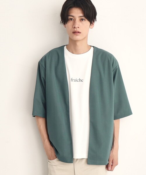 THE SHOP TK (ザ ショップ ティーケー )の「◆【インナー×五分袖カーデ セットアイテム】梨地ハーフスリーブカーディガン×ライトパーフェクティー(カーディガン/ボレロ・メンズ・ダークブラウン/ボルドー/ブラック/ブルーグリーン・03/02/04)」の3枚目の写真