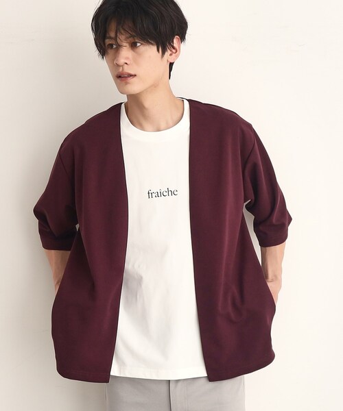 THE SHOP TK (ザ ショップ ティーケー )の「◆【インナー×五分袖カーデ セットアイテム】梨地ハーフスリーブカーディガン×ライトパーフェクティー(カーディガン/ボレロ・メンズ・ダークブラウン/ボルドー/ブラック/ブルーグリーン・03/02/04)」の4枚目の写真