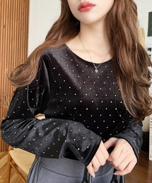 moment+（モーメントプラス）の「ラインストーンシャイニーベロアトップス（Tシャツ/カットソー・レディース）」