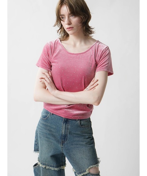 :ETHROF（イーサオブ）の「RHINESTONE VELOR TOPS（Tシャツ/カットソー・レディース・ブラック/ピンク/グレー・MEDIUM）」の3枚目の写真