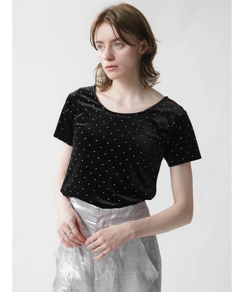:ETHROF（イーサオブ）の「RHINESTONE VELOR TOPS（Tシャツ/カットソー・レディース・ブラック/ピンク/グレー・MEDIUM）」の2枚目の写真