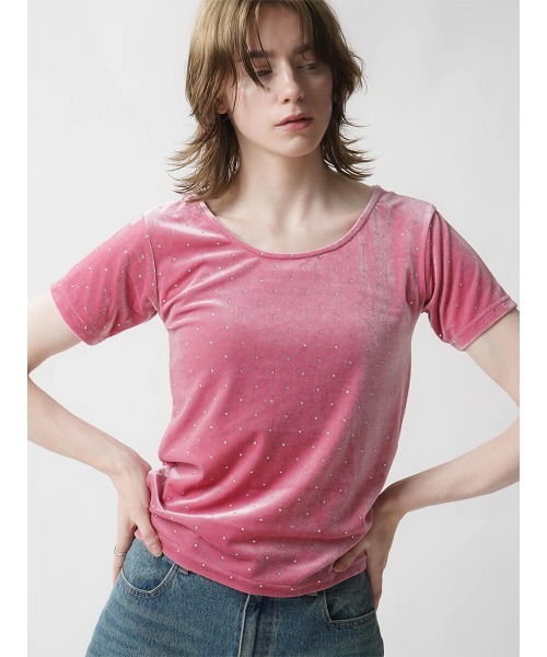 :ETHROF（イーサオブ）の「RHINESTONE VELOR TOPS（Tシャツ/カットソー・レディース・ブラック/ピンク/グレー・MEDIUM）」の6枚目の写真