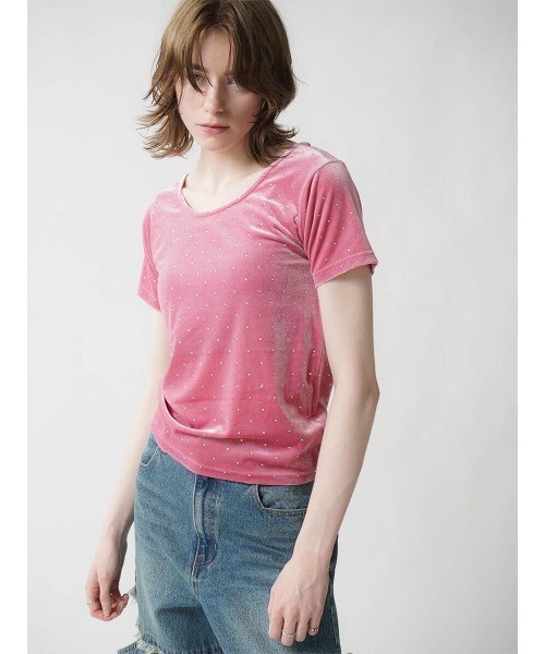 :ETHROF（イーサオブ）の「RHINESTONE VELOR TOPS（Tシャツ/カットソー・レディース・ブラック/ピンク/グレー・MEDIUM）」の5枚目の写真