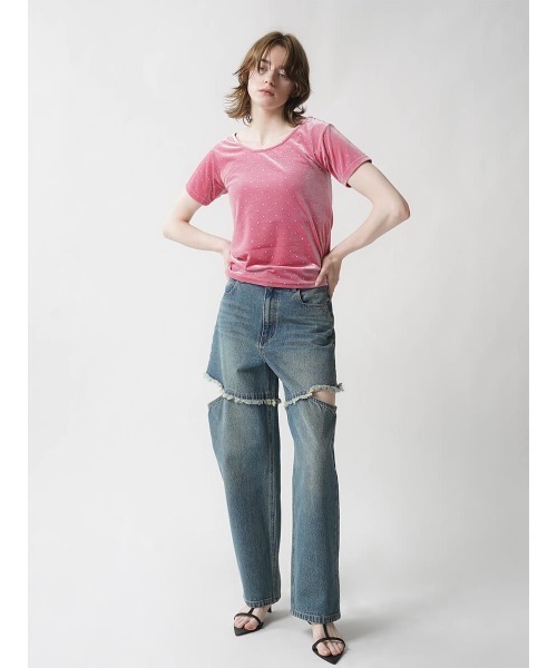 :ETHROF（イーサオブ）の「RHINESTONE VELOR TOPS（Tシャツ/カットソー・レディース・ブラック/ピンク/グレー・MEDIUM）」の4枚目の写真