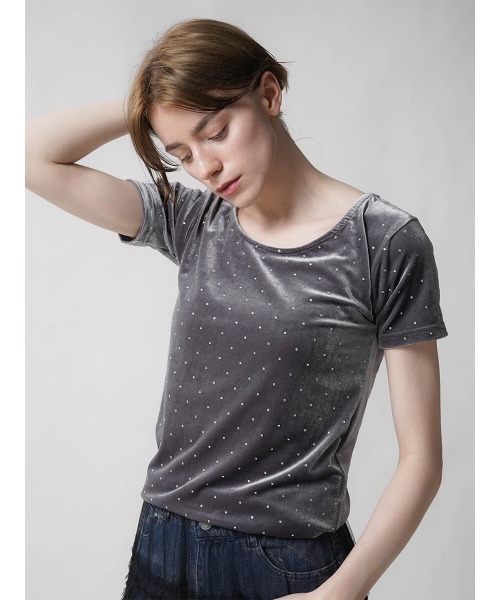 :ETHROF（イーサオブ）の「RHINESTONE VELOR TOPS（Tシャツ/カットソー・レディース・ブラック/ピンク/グレー・MEDIUM）」の9枚目の写真
