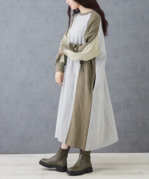 CUBE SUGAR（キューブシュガー）の「配色切替スウェットドロストワンピース（ワンピース・レディース・ブラック/グレー/ベージュ・M）」の3枚目の写真