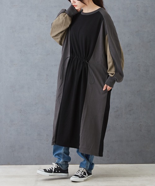 CUBE SUGAR（キューブシュガー）の「配色切替スウェットドロストワンピース（ワンピース・レディース・ブラック/グレー/ベージュ・M）」の2枚目の写真