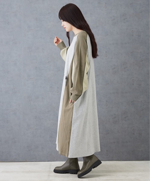 CUBE SUGAR（キューブシュガー）の「配色切替スウェットドロストワンピース（ワンピース・レディース・ブラック/グレー/ベージュ・M）」の5枚目の写真