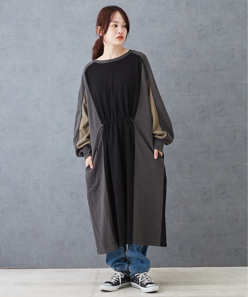 CUBE SUGAR（キューブシュガー）の「配色切替スウェットドロストワンピース（ワンピース・レディース・ブラック/グレー/ベージュ・M）」の8枚目の写真