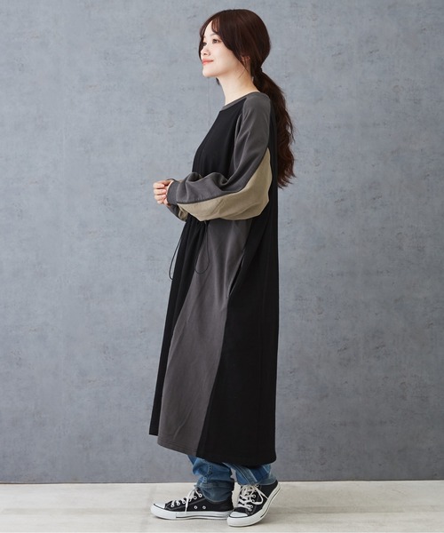 CUBE SUGAR（キューブシュガー）の「配色切替スウェットドロストワンピース（ワンピース・レディース・ブラック/グレー/ベージュ・M）」の9枚目の写真