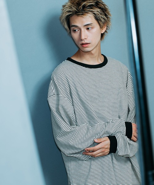 brknhome(ブロークンホーム)の「【brknhome/ブロークンホーム】オーバーサイズ ボーダーロンT(Tシャツ/カットソー・メンズ・オフホワイト/グリーン・MEDIUM/LARGE)」の2枚目の写真