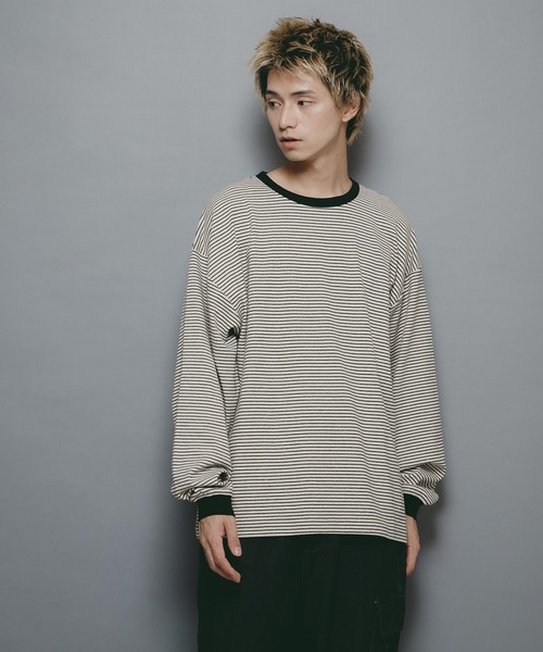 brknhome(ブロークンホーム)の「【brknhome/ブロークンホーム】オーバーサイズ ボーダーロンT(Tシャツ/カットソー・メンズ・オフホワイト/グリーン・MEDIUM/LARGE)」の4枚目の写真