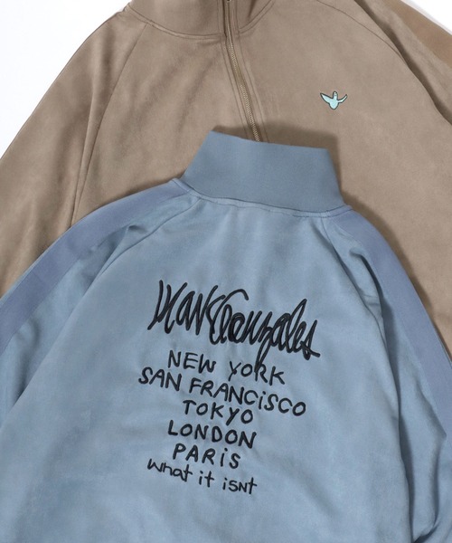 【セール】(What it isNt） ART BY MARK GONZALES/(ワットイットイズント) アートバイマークゴンザレス オーバーサイズ カットスウェード バックプリント ロゴ ワンポイント刺繍 ライン トラックジャケット/ジャージ/レディース メンズ（ブルゾン）｜（What it isNt）ART BY MARKGONZALES（ワットイットイズント）