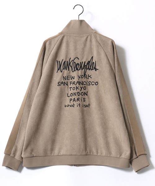 【セール】(What it isNt） ART BY MARK GONZALES/(ワットイットイズント) アートバイマークゴンザレス オーバーサイズ カットスウェード バックプリント ロゴ ワンポイント刺繍 ライン トラックジャケット/ジャージ/レディース メンズ（ブルゾン）｜（What it isNt）ART BY MARKGONZALES（ワットイットイズント）