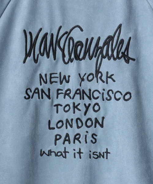 【セール】(What it isNt） ART BY MARK GONZALES/(ワットイットイズント) アートバイマークゴンザレス オーバーサイズ カットスウェード バックプリント ロゴ ワンポイント刺繍 ライン トラックジャケット/ジャージ/レディース メンズ（ブルゾン）｜（What it isNt）ART BY MARKGONZALES（ワットイットイズント）