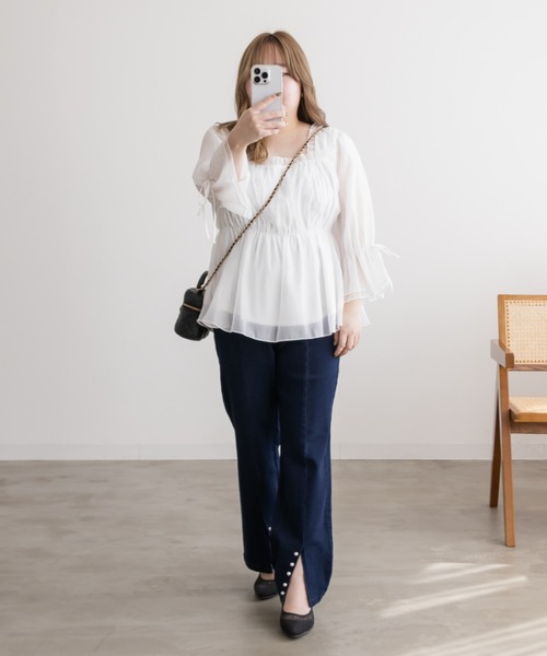 CLETTE(クレット)の「袖リボンフリルシアーブラウス(シャツ/ブラウス・レディース・ブラック/オフホワイト・LL/3L/4L)」の22枚目の写真