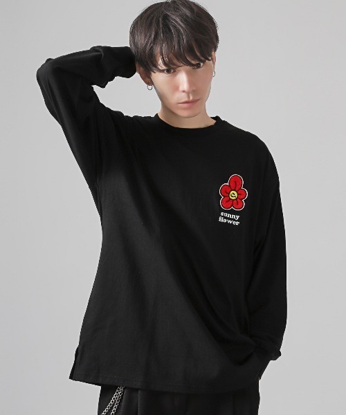 LUXSTYLE（ラグスタイル）の「ワンポイントフラワーサガラ刺繍ロンT（Tシャツ/カットソー・メンズ・ホワイト/ブラック・M/L）」の5枚目の写真