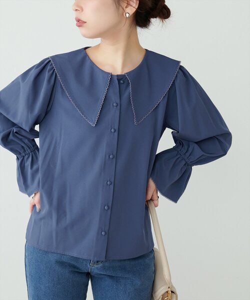 natural couture(ナチュラルクチュール)の「配色ピコ刺繍セーラーカラーブラウス(シャツ/ブラウス・レディース・ピンク/ブラウン/ブルー/アイボリー/ブラック・FREE)」の4枚目の写真